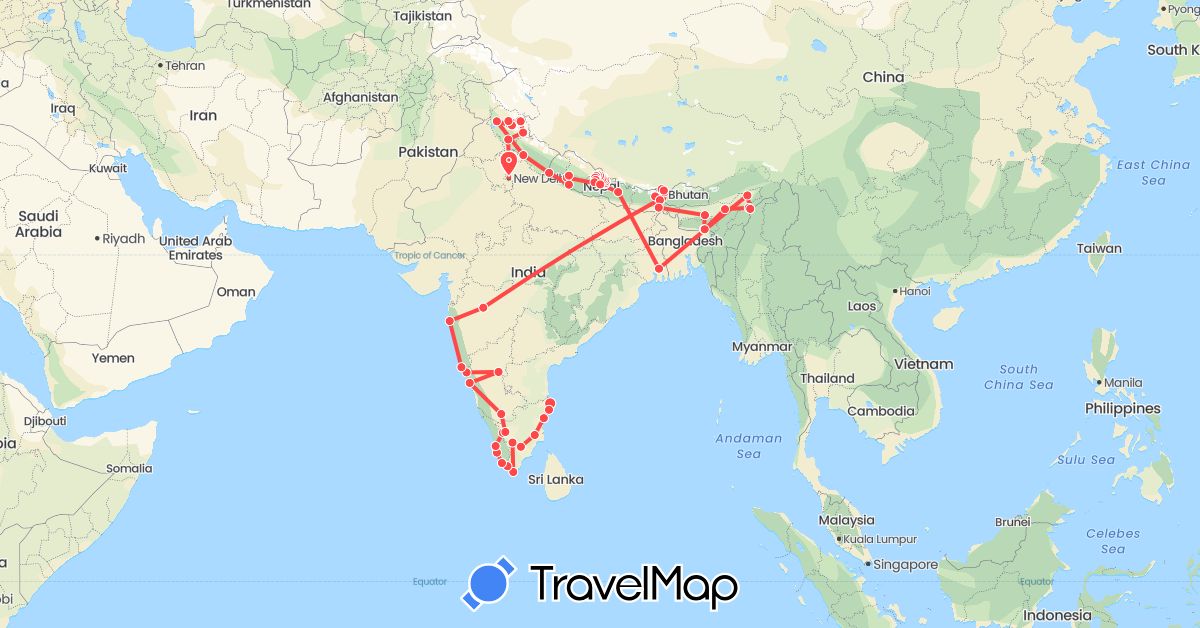 TravelMap itinerary: driving, hiking in India, Nepal (Asia)
